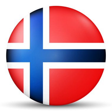 Norveç bayraklı cam top. Yuvarlak küre, şablon simgesi. Norveç ulusal sembolü. Parlak gerçekçi top, beyaz arkaplanda işaretlenmiş üç boyutlu soyut vektör çizimi. Büyük kabarcık.