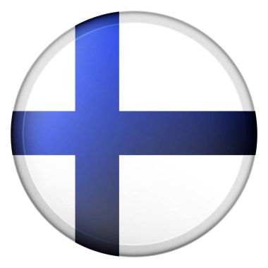 Finlandiya bayrağı taşıyan cam top. Yuvarlak küre, şablon simgesi. Finlandiya 'nın ulusal sembolü. Parlak gerçekçi top, beyaz arkaplanda işaretlenmiş üç boyutlu soyut vektör çizimi. Büyük kabarcık.