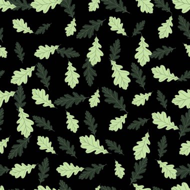 Siyah arka planda renkli egzotik yaprakları olan dikişsiz çiçek deseni. Tropik yeşil meşe dalları. Duvar kağıdı, poster, kart, kumaş ve tekstil için moda vektör stoku çizimi.