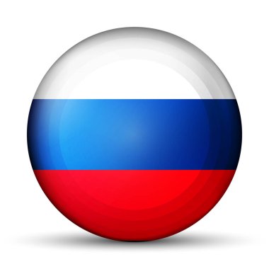 Rusya bayraklı cam top. Yuvarlak küre, şablon simgesi. Rus ulusal sembolü. Parlak gerçekçi top, beyaz arkaplanda işaretlenmiş üç boyutlu soyut vektör çizimi. Büyük kabarcık.