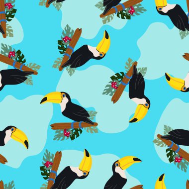 Kusursuz desenli, dalında çizgi film karakteri olan bir tukan kuşu. Duvar kağıdı, kumaş ve tekstil için vektör çizimi. Yaz egzotik baskısı. Çiçekli canavar yapraklı tropik bir tukan.