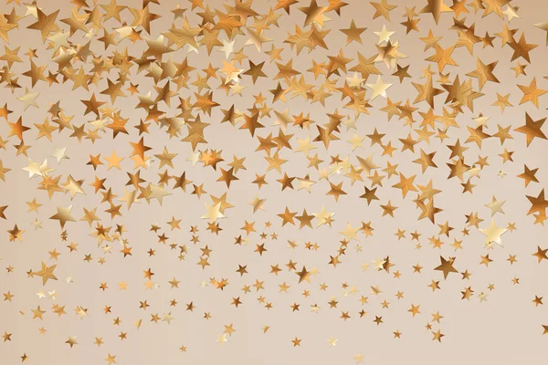 Estrelas douradas glitter confetti isolado em fundo bege abstrato borrado. Fundo festivo de férias. Conceito de celebração. Queda de partículas mágicas de ouro. Convite mock up. Vista superior, flat lay — Vetor de Stock