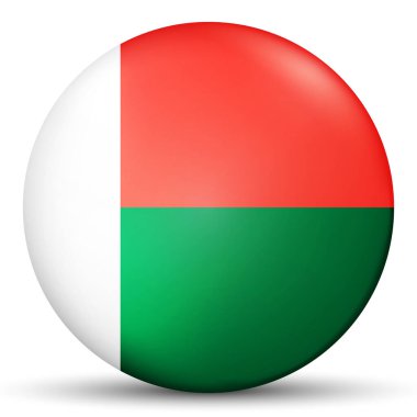 Madagaskar bayrağıyla cam ışıklı top. Yuvarlak küre, şablon simgesi. Ulusal sembol. Parlak gerçekçi top, beyaz arkaplanda işaretlenmiş üç boyutlu soyut vektör çizimi. Büyük kabarcık.