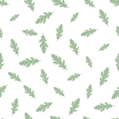 Beyaz arka planda renkli egzotik yaprakları olan dikişsiz çiçek deseni. Tropik yeşil meşe dalları. Duvar kağıdı, poster, kart, kumaş ve tekstil için moda vektör stoku çizimi.