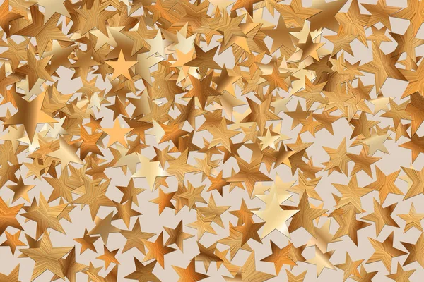 Estrelas douradas glitter confetti isolado em fundo bege abstrato borrado. Fundo festivo de férias. Conceito de celebração. Queda de partículas mágicas de ouro. Convite mock up. Vista superior, flat lay — Vetor de Stock