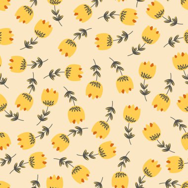 Geleneksel halk sanatları süslerine dayanan kusursuz çiçek desenleri. Işıklı arka planda renkli çiçekler. İskandinav tarzı. Vektör çizimi. Doğa elementi ile basit minimalist desen.