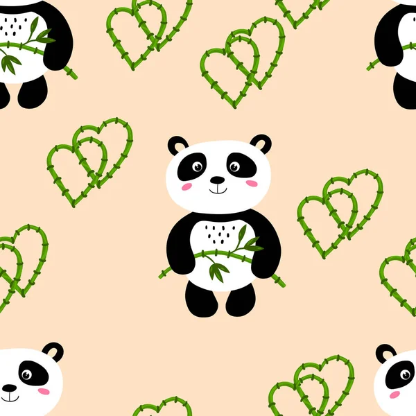 Renkli arka planda şirin panda bebeği olan kusursuz bir desen. Komik Asya hayvanları. Kart, çocuklar için kartpostallar. Kumaş, tekstil, duvar kağıdı, poster, hediye paketi için düz vektör çizimi. — Stok Vektör