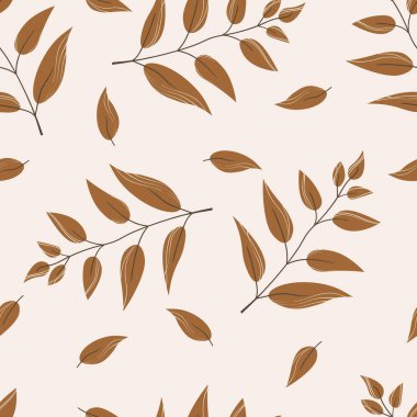 El çizimi yaprakları olan dikişsiz bir çiçek. Güzel bir sonbahar geçmişi var. Tropik kahverengi dallar. Modern çiçek kompozisyonları. Duvar kağıdı, poster, kart, kumaş ve tekstil için moda vektör stoku çizimi