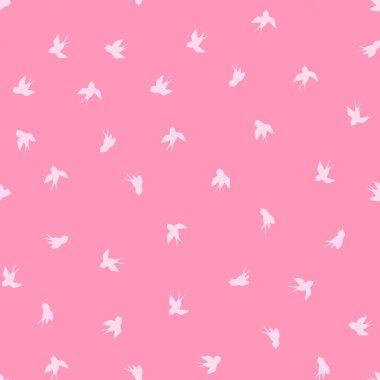 Pembe arka planda beyaz kırlangıç silueti olan kusursuz bir desen. Uçan sevimli bir kuş. Vektör çizimi. Doodle tarzı. Davetiye, poster, kart, kumaş, tekstil için tasarım.