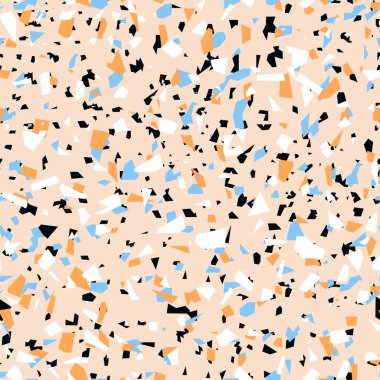 Geometrik bej terrazzo dikişsiz desen. Soyut renkli modern arka plan. İnternet ve baskı için taş tasarımı. Venedik fayansları, döşeme dekorları. Kaotik pastel doku.