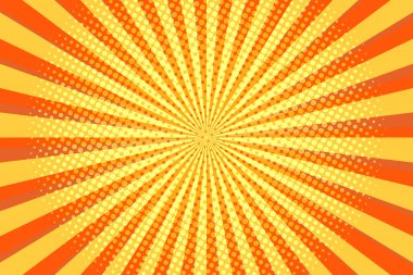 Çizgili renkli ışınların arka planı. Pop Art yaratıcı konsept renkli çizgi roman dergisi kapağı. Çizgi film yarım ton retro modeli. Poster, kart, satış afişi, boş baloncuk için soyut şablon tasarımı.