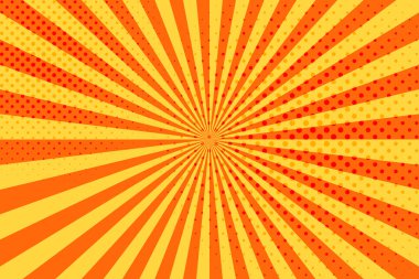 Çizgili renkli ışınların arka planı. Pop Art yaratıcı konsept renkli çizgi roman dergisi kapağı. Çizgi film yarım ton retro modeli. Poster, kart, satış afişi, boş baloncuk için soyut şablon tasarımı.