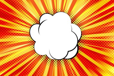 Çizgili renkli ışınlar arka plan ve konuşma baloncukları. Pop Art yaratıcı konsept renkli çizgi roman dergisi kapağı. Çizgi film yarım ton retro modeli. Soyut şablon tasarımı, boş baloncuk.