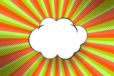 Çizgili renkli ışınlar arka plan ve konuşma baloncukları. Pop Art yaratıcı konsept renkli çizgi roman dergisi kapağı. Çizgi film yarım ton retro modeli. Soyut şablon tasarımı, boş baloncuk.