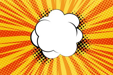 Çizgili renkli ışınlar arka plan ve konuşma baloncukları. Pop Art yaratıcı konsept renkli çizgi roman dergisi kapağı. Çizgi film yarım ton retro modeli. Soyut şablon tasarımı, boş baloncuk.