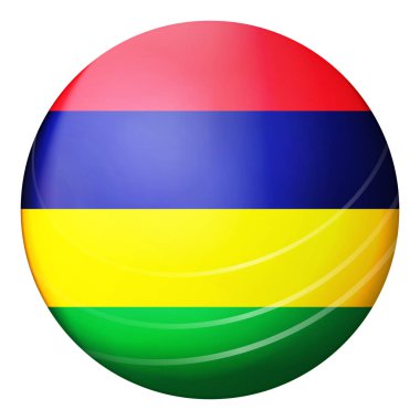 Mauritius bayrağıyla birlikte cam ışıklı top. Yuvarlak küre, şablon simgesi. Mauritian ulusal sembolü. Parlak gerçekçi top, beyaz arkaplanda işaretlenmiş üç boyutlu soyut vektör çizimi. Büyük kabarcık.