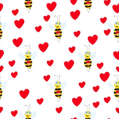 Beyaz arka planda arılar ve kalpler olan kusursuz bir model. Küçük eşekarısı. Vektör çizimi. Sevimli çizgi film karakteri. Davetiye, kart, tekstil, kumaş için şablon tasarımı. Doodle tarzı.