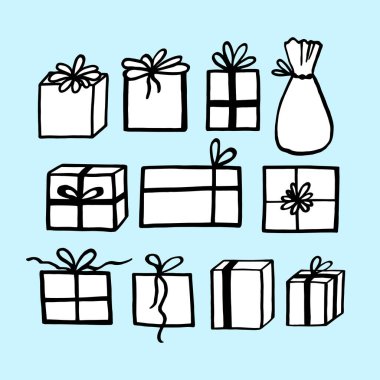 Kış bayramı çizgi filmi hediyesi. Noel seti beyaz arka planda izole edilmiş. Mutlu Noeller ve yeni yıl karalama vektör çizimi. Davetiye, poster, kart için şablon tasarımı.