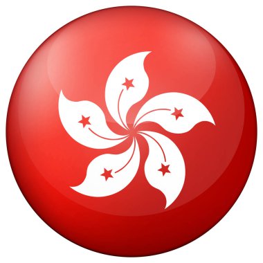 Hong Kong bayraklı cam top. Yuvarlak küre, şablon simgesi. Ulusal sembol. Parlak gerçekçi top, beyaz arkaplanda işaretlenmiş üç boyutlu soyut vektör çizimi. Büyük kabarcık.