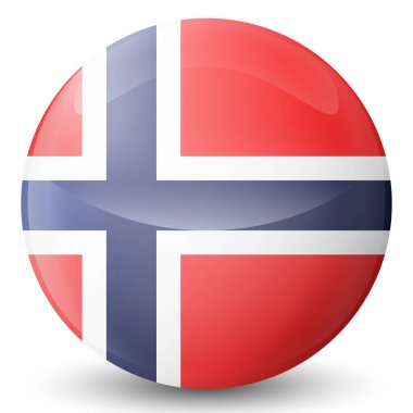 Norveç bayraklı cam top. Yuvarlak küre, şablon simgesi. Norveç ulusal sembolü. Parlak gerçekçi top, beyaz arkaplanda işaretlenmiş üç boyutlu soyut vektör çizimi. Büyük kabarcık.