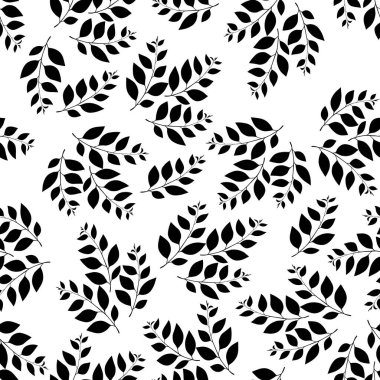 Çiçeksiz desenli, tek renkli egzotik yapraklı, modern arka planlı. Tropik siyah beyaz dallar. Duvar kağıdı, poster, kart, kumaş ve tekstil için moda vektör stoku çizimi.