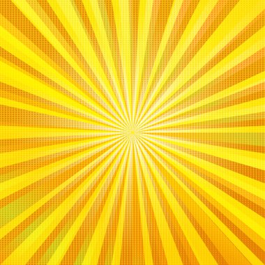 Pop Art Colory çizgi roman kapağı. Çizgili sarı arka plan. Çizgi film komik retro desenli striptiz maketi. Vektör yarım ton çizimi. Güneş patlaması, yıldız patlaması şekli. Dijital arkaplan.