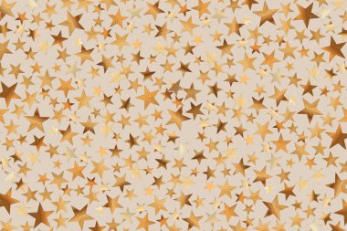 Yıldızların altın parıltılı konfetileri soyut, bulanık bej arka planda izole edilmiş. Bayram geçmişi. Kutlama konsepti. Düşen sihirli altın parçacıkları. Davetiye maketi. Üst manzara, düz uzanma