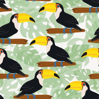 Kusursuz desenli, dalında çizgi film karakteri olan bir tukan kuşu. Duvar kağıdı, kumaş ve tekstil için vektör çizimi. Yaz egzotik baskısı. Çiçekli canavar yapraklı tropik bir tukan.