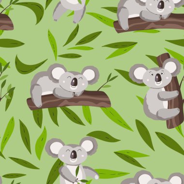 Tatlı koala bebeği ve renkli arka planda bıraktığı kusursuz desen. Komik Avustralya hayvanları. Kart, çocuklar için kartpostallar. Kumaş, tekstil, duvar kağıdı, poster, kağıt için düz vektör çizimi