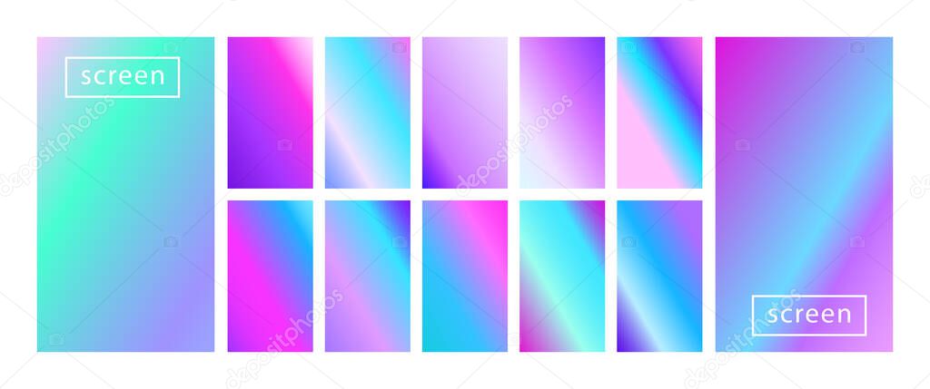 Mobile screen lock display collection of colorful backgrounds in trendy neon colors. Modern screen vector design for mobile app. Soft color abstract pastel holographic gradients. Swatches for design.