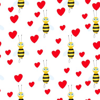 Beyaz arka planda arılar ve kalpler olan kusursuz bir model. Küçük eşekarısı. Vektör çizimi. Sevimli çizgi film karakteri. Davetiye, kart, tekstil, kumaş için şablon tasarımı. Doodle tarzı.