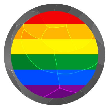 LGBT bayraklı cam top. Yuvarlak küre, şablon simgesi. Parlak gerçekçi top, 3 boyutlu soyut vektör çizimi. Aşk kazanır. Gökkuşağı renklerinde LGBT logo simgesi çıkartması. Gay gurur koleksiyonu.