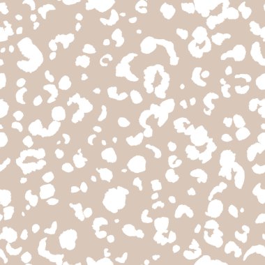 Soyut modern leopar pürüzsüz desen. Hayvanlar modaya uygun arka plan. Baskı, kart, kartpostal, kumaş, tekstil için bej ve beyaz dekoratif vektör stok çizimi. Modern stilize cilt süsü