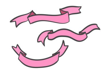 Beyaz arka planda izole edilmiş pembe siluet karalama kurdeleleri. Kurdele sancak vektör illüstrasyonu. El çizimi dantel.