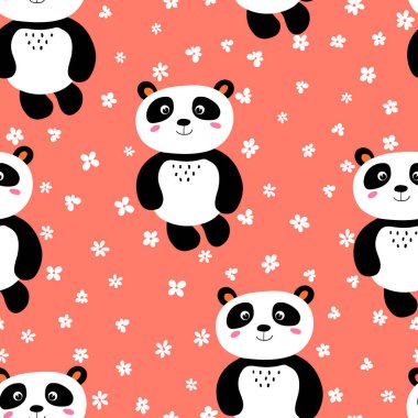 Renkli arka planda şirin panda bebeği olan kusursuz bir desen. Komik Asya hayvanları. Kart, çocuklar için kartpostallar. Kumaş, tekstil, duvar kağıdı, poster, hediye paketi için düz vektör çizimi
