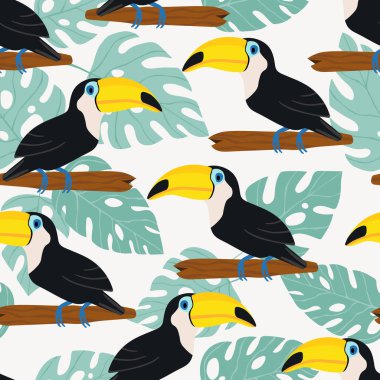 Kusursuz desenli, dalında çizgi film karakteri olan bir tukan kuşu. Duvar kağıdı, kumaş ve tekstil için vektör çizimi. Yaz egzotik baskısı. Çiçekli canavar yapraklı tropik bir tukan.