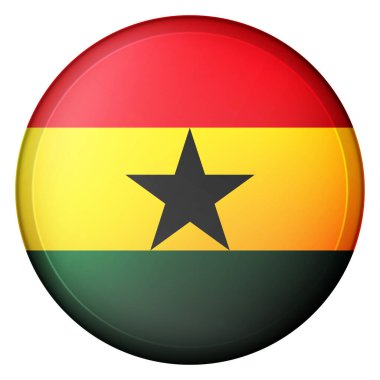 Gana bayrağıyla cam ışıklı top. Yuvarlak küre, şablon simgesi. Ganaian ulusal sembolü. Parlak gerçekçi top, beyaz arkaplanda işaretlenmiş üç boyutlu soyut vektör çizimi. Büyük kabarcık.