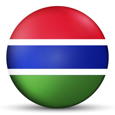 Gambiya bayraklı cam top. Yuvarlak küre, şablon simgesi. Gambiya ulusal sembolü. Parlak gerçekçi top, beyaz arkaplanda işaretlenmiş üç boyutlu soyut vektör çizimi. Büyük kabarcık.