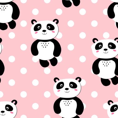 Renkli puantiyeli arka planda şirin panda bebeği olan kusursuz bir desen. Komik Asya hayvanları. Kart, çocuklar için kartpostallar. Kumaş, tekstil, duvar kağıdı için düz vektör çizimi