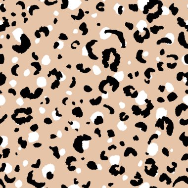 Soyut modern leopar pürüzsüz desen. Hayvanlar modaya uygun arka plan. Baskı, kart, kartpostal, kumaş, tekstil için bej ve siyah dekoratif vektör çizimi. Modern stilize cilt süsü