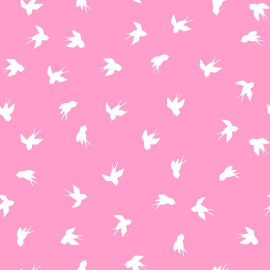 Mavi arka planda beyaz kırlangıç silueti olan kusursuz desen. Uçan sevimli bir kuş. Vektör çizimi. Doodle tarzı. Davetiye, poster, kart, kumaş, tekstil için tasarım