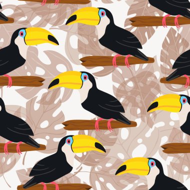 Kusursuz desenli, dalında çizgi film karakteri olan bir tukan kuşu. Duvar kağıdı, kumaş ve tekstil için vektör çizimi. Yaz egzotik baskısı. Çiçekli canavar yapraklı tropik bir tukan.