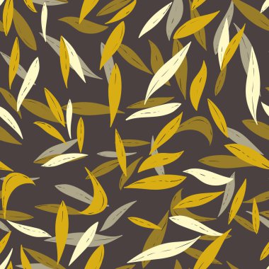 Yaprakları el renginde çiçek desenli. Güzel bir sonbahar geçmişi var. Tropik kahverengi dallar. Modern çiçek kompozisyonları. Duvar kağıdı, poster, kart, kumaş ve tekstil için moda vektör stoku çizimi.