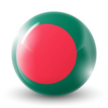 Bangladeş bayraklı cam top. Yuvarlak küre, şablon simgesi. Ulusal sembol. Parlak gerçekçi top, beyaz arkaplanda işaretlenmiş üç boyutlu soyut vektör çizimi. Büyük kabarcık.