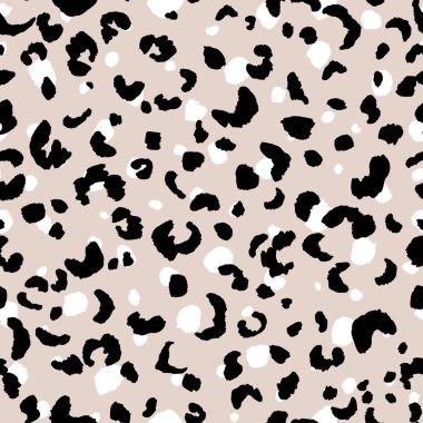 Soyut modern leopar pürüzsüz desen. Hayvanlar modaya uygun arka plan. Baskı, kart, kartpostal, kumaş, tekstil için bej ve siyah dekoratif vektör çizimi. Modern stilize cilt süsü