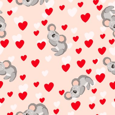 Şirin bir koala bebeği ve renkli kalpleri olan kusursuz bir desen. Komik Avustralya hayvanları. Kart, çocuklar için kartpostallar. Kumaş, tekstil, duvar kağıdı, poster, kağıt için düz vektör çizimi