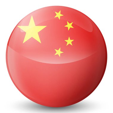 Çin bayrağıyla birlikte cam ışıklı top. Yuvarlak küre, şablon simgesi. Çin ulusal sembolü. Parlak gerçekçi top, beyaz arkaplanda işaretlenmiş üç boyutlu soyut vektör çizimi. Büyük kabarcık.