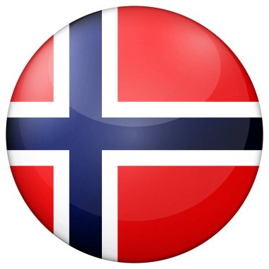 Norveç bayraklı cam top. Yuvarlak küre, şablon simgesi. Norveç ulusal sembolü. Parlak gerçekçi top, beyaz arkaplanda işaretlenmiş üç boyutlu soyut vektör çizimi. Büyük kabarcık.