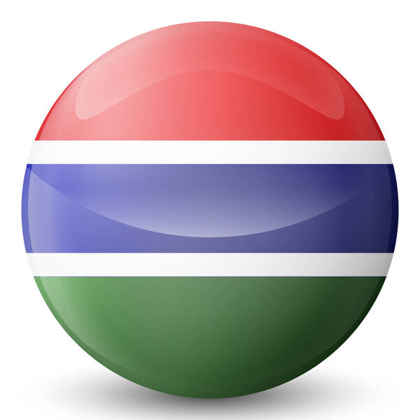 Glass light ball with flag of Gambia. Round sphere, template icon. Gambian national symbol. Glossy realistic ball, 3D abstract vector illustration highlighted on a white background. Big bubble.