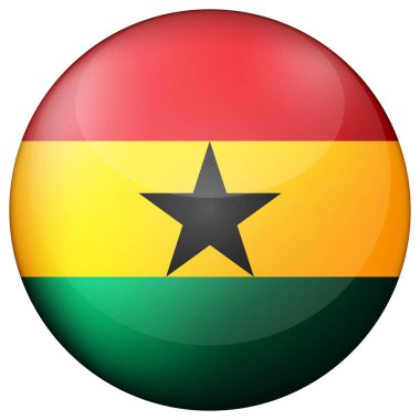 Gana bayrağıyla cam ışıklı top. Yuvarlak küre, şablon simgesi. Ganaian ulusal sembolü. Parlak gerçekçi top, beyaz arkaplanda işaretlenmiş üç boyutlu soyut vektör çizimi. Büyük kabarcık.